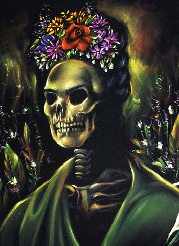 Frida Kahlo Portrait , Calavera de Frida, Original Oil Painting on Black Velvet by Enrique Felix , "Felix" - #F133