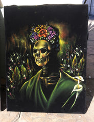 Frida Kahlo Portrait , Calavera de Frida, Original Oil Painting on Black Velvet by Enrique Felix , "Felix" - #F133