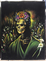 Frida Kahlo Portrait , Calavera de Frida, Original Oil Painting on Black Velvet by Enrique Felix , "Felix" - #F133