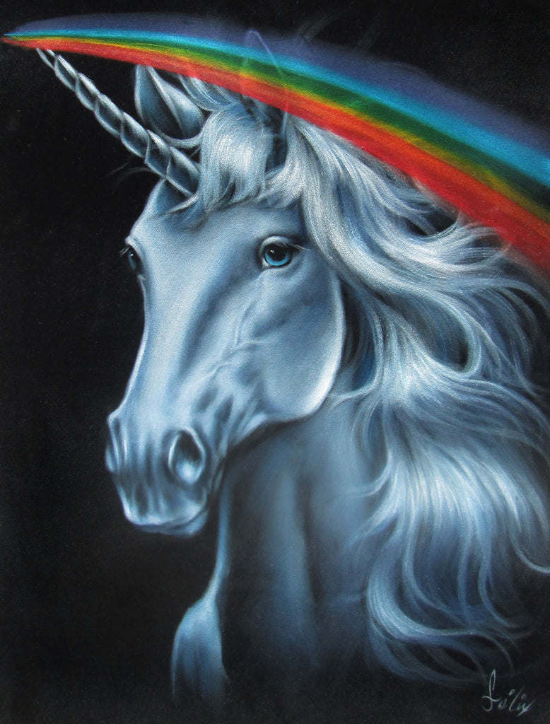 Unicorn,  White magical rainbow Unicorn, Original Oil Painting on Black Velvet by Enrique Felix , "Felix" - #F137