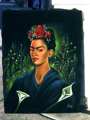 Frida Kahlo Portrait  Original Oil Painting on Black Velvet by Enrique Felix , "Felix" - #F149
