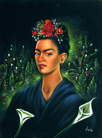 Frida Kahlo Portrait  Original Oil Painting on Black Velvet by Enrique Felix , "Felix" - #F149