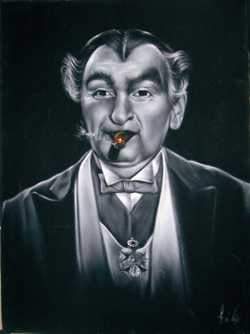 Grandpa Munster (Sam Dracula) portrait, Al Lewis, Original Oil Painting on Black Velvet by Enrique Felix , "Felix" - #F152