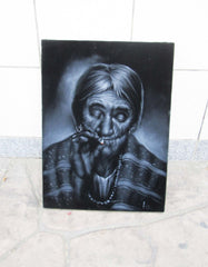 Maria Sabina Portrait, Curandeiro Shaman Witch doctor ,   Original Oil Painting on Black Velvet by Enrique Felix , "Felix" - #F153