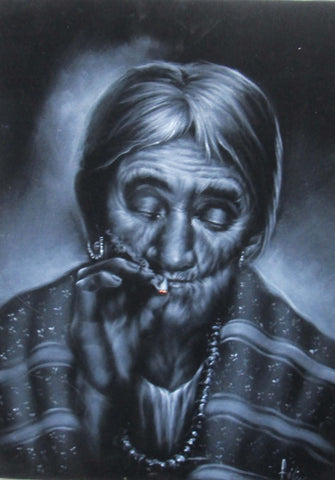 Maria Sabina Portrait, Curandeiro Shaman Witch doctor ,   Original Oil Painting on Black Velvet by Enrique Felix , "Felix" - #F153