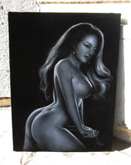 Nude, Sexy Playboy Nude in Grey-scale,  Original Oil Painting on Black Velvet by Enrique Felix , "Felix" - #F167