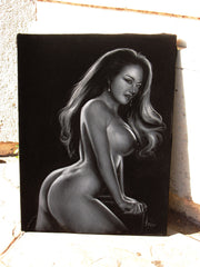 Nude, Sexy Playboy Nude in Grey-scale,  Original Oil Painting on Black Velvet by Enrique Felix , "Felix" - #F167