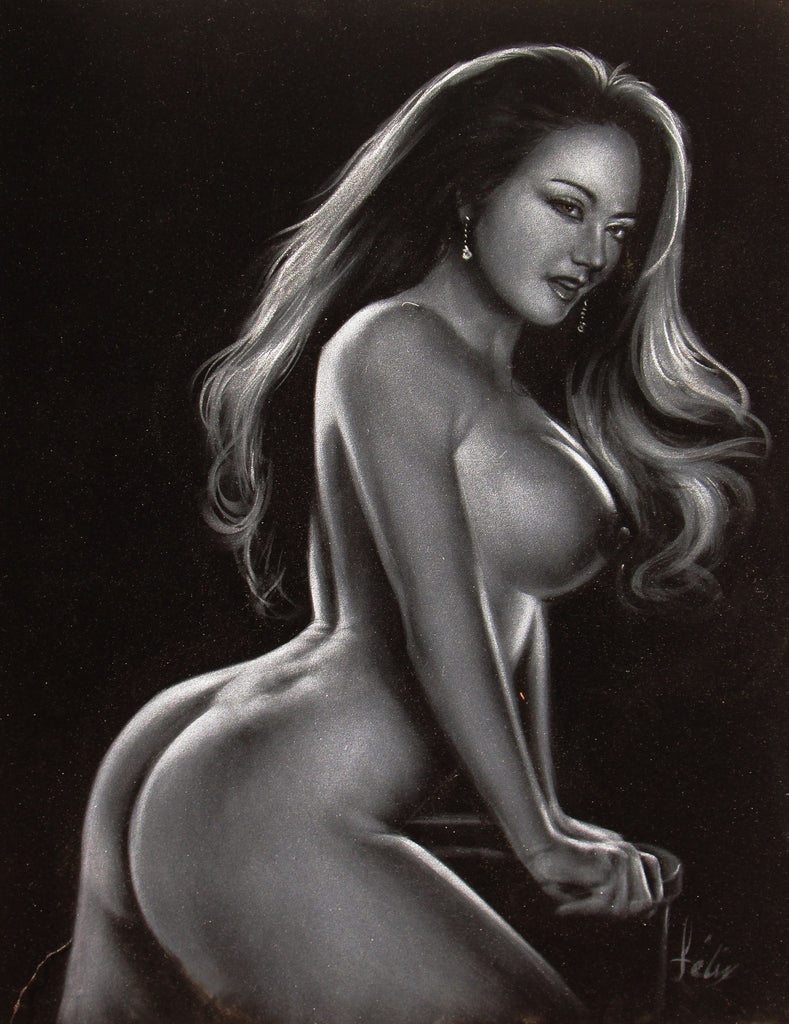 Nude, Sexy Playboy Nude in Grey-scale,  Original Oil Painting on Black Velvet by Enrique Felix , "Felix" - #F167