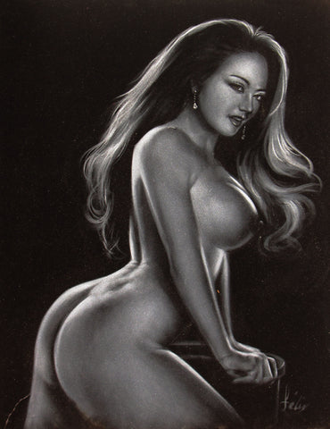 Nude, Sexy Playboy Nude in Grey-scale,  Original Oil Painting on Black Velvet by Enrique Felix , "Felix" - #F167