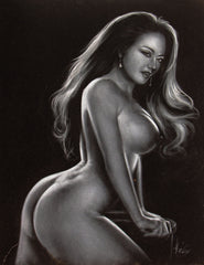 Nude, Sexy Playboy Nude in Grey-scale,  Original Oil Painting on Black Velvet by Enrique Felix , "Felix" - #F167