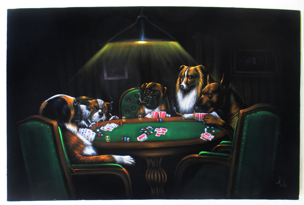 Dogs playing poker,   Original Oil Painting on Black Velvet by Enrique Felix , "Felix" - #F168
