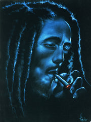 Bob Marley Smoking in Blue,  Original Oil Painting on Black Velvet by Enrique Felix , "Felix" - #F181