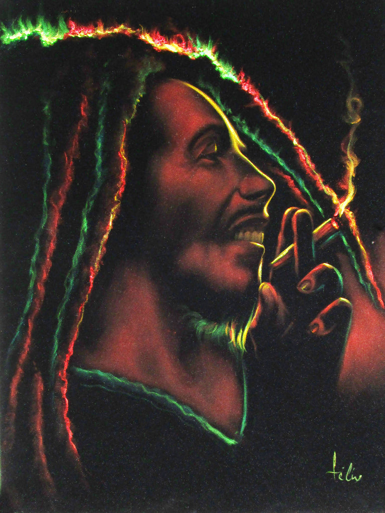 Bob Marley Smoking,  Original Oil Painting on Black Velvet by Enrique Felix , "Felix" - #F183