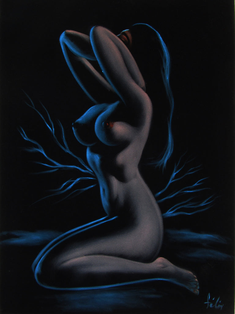 Nude, Sexy Chiaroscuro Nude in the Night Desert,  Original Oil Painting on Black Velvet by Enrique Felix , "Felix" - #F184