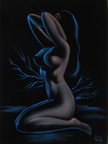 Nude, Sexy Chiaroscuro Nude in the Night Desert,  Original Oil Painting on Black Velvet by Enrique Felix , "Felix" - #F184
