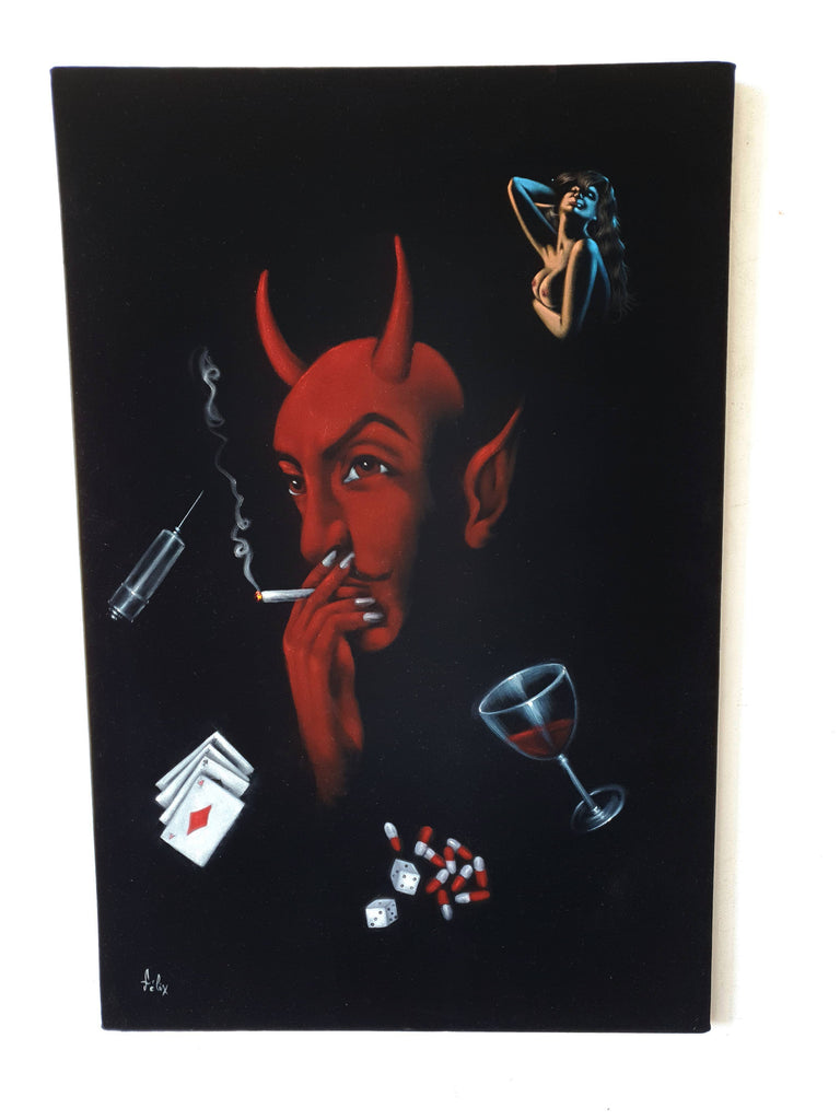 The Devil's Vices: Original oil painting on black velvet by E. Felix (size 36"x24") F268