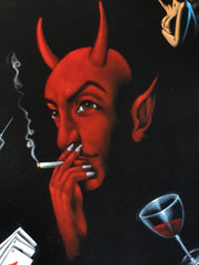 The Devil's Vices: Original oil painting on black velvet by E. Felix (size 36"x24") F268
