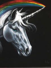 Unicorn,  White magical rainbow Unicorn, Original Oil Painting on Black Velvet by Enrique Felix , "Felix" - #F28
