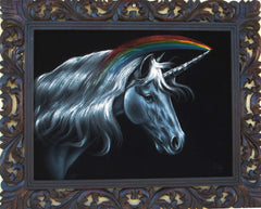 Unicorn,  White magical rainbow Unicorn, Original Oil Painting on Black Velvet by Enrique Felix , "Felix" - #F28