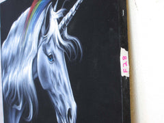 Unicorn,  White magical rainbow Unicorn, Original Oil Painting on Black Velvet by Enrique Felix , "Felix" - #F28