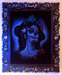 Sugar Skull Girl, Calavera, Día de muertos, Day of the Dead, Original Oil Painting on Black Velvet by Enrique Felix , "Felix" - #F40