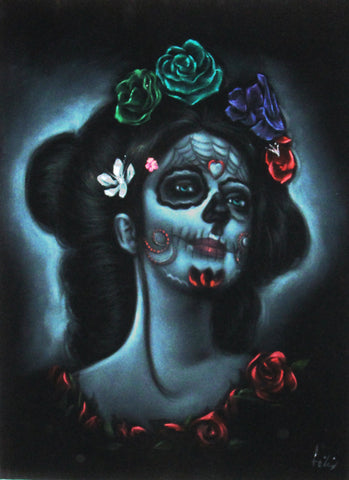 Sugar Skull Girl, Calavera, Día de muertos, Day of the Dead, Original Oil Painting on Black Velvet by Enrique Felix , "Felix" - #F40