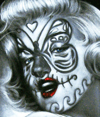 Marilyn Monroe, Sugar Skull Girl, Calavera, Día de muertos, Day of the Dead, Original Oil Painting on Black Velvet by Enrique Felix , "Felix" - #F41