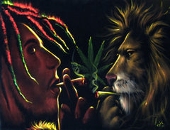 Bob Marley and Lion  Smoking,  Original Oil Painting on Black Velvet by Enrique Felix , "Felix" - #F61