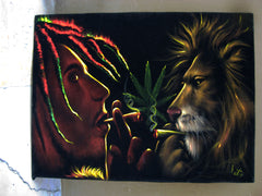 Bob Marley and Lion  Smoking,  Original Oil Painting on Black Velvet by Enrique Felix , "Felix" - #F61