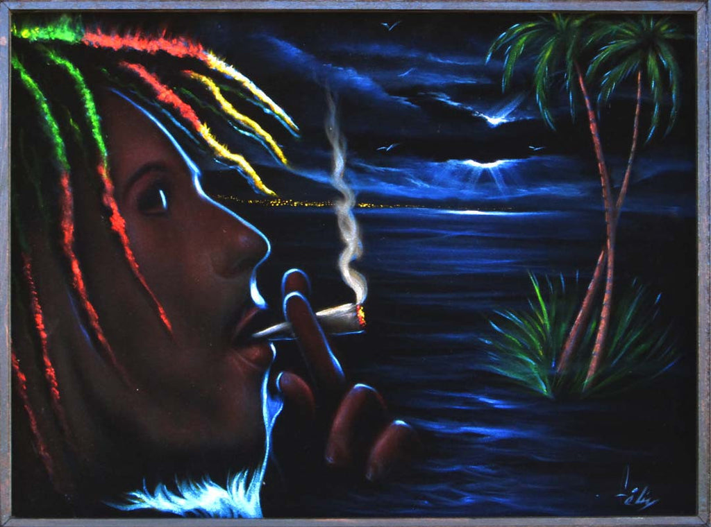 Bob Marley Smoking,  Original Oil Painting on Black Velvet by Enrique Felix , "Felix" - #F92
