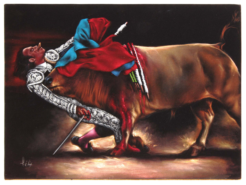 Bullfight , Matador  Julio Aparicio gored,   Original Oil Painting on Black Velvet by Enrique Felix , "Felix" - #F93