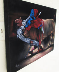 Bullfight , Matador  Julio Aparicio gored,   Original Oil Painting on Black Velvet by Enrique Felix , "Felix" - #F93