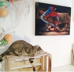 Bullfight , Matador  Julio Aparicio gored,   Original Oil Painting on Black Velvet by Enrique Felix , "Felix" - #F93