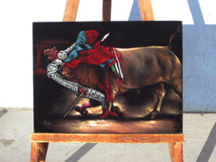 Bullfight , Matador  Julio Aparicio gored,   Original Oil Painting on Black Velvet by Enrique Felix , "Felix" - #F93
