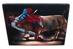 Bullfight , Matador  Julio Aparicio gored,   Original Oil Painting on Black Velvet by Enrique Felix , "Felix" - #F93