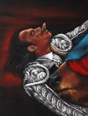 Bullfight , Matador  Julio Aparicio gored,   Original Oil Painting on Black Velvet by Enrique Felix , "Felix" - #F93