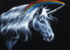 Unicorn,  White magical rainbow Unicorn, Original Oil Painting on Black Velvet by Enrique Felix , "Felix" - #F28