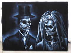 Calavera, La Calavera Wedding, Original Oil Painting on Black Velvet by Enrique Felix , "Felix" - #F6