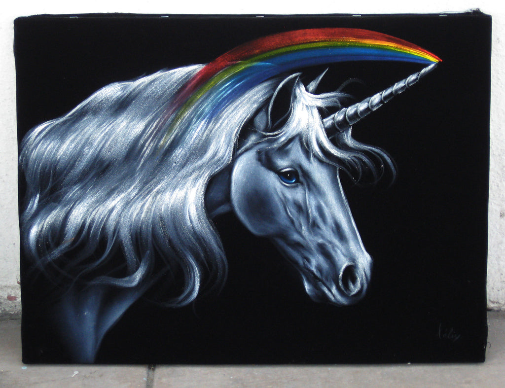 Unicorn,  White magical rainbow Unicorn, Original Oil Painting on Black Velvet by Enrique Felix , "Felix" - #F28