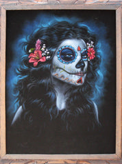 Sugar Skull Girl, Calavera, Día de muertos, Day of the Dead, Original Oil Painting on Black Velvet by Enrique Felix , "Felix" - #F38