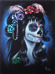Sugar Skull Girl, Calavera, Día de muertos, Day of the Dead, Original Oil Painting on Black Velvet by Enrique Felix , "Felix" - #F5