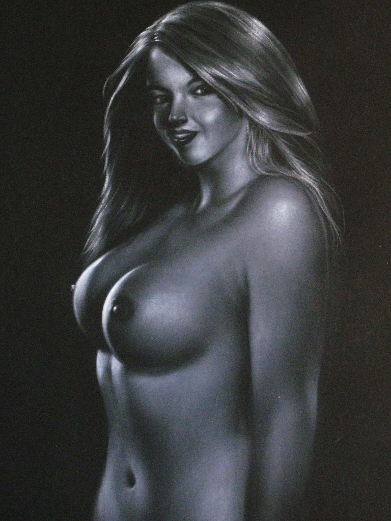 Nude, Sexy Playboy Nude in Grey-Scale,  Original Oil Painting on Black Velvet by Enrique Felix , "Felix" - #F27