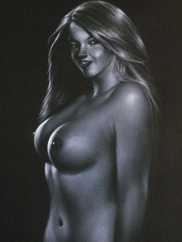 Nude, Sexy Playboy Nude in Grey-Scale,  Original Oil Painting on Black Velvet by Enrique Felix , "Felix" - #F27