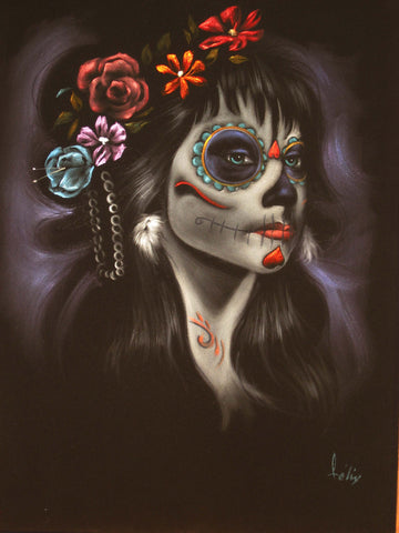 Sugar Skull Girl, Calavera, Día de muertos, Day of the Dead, Original Oil Painting on Black Velvet by Enrique Felix , "Felix" - #F29