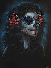 Sugar Skull Girl, Calavera, Día de muertos, Day of the Dead, Original Oil Painting on Black Velvet by Enrique Felix , "Felix" - #F38