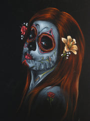 Sugar Skull Girl, Calavera, Día de muertos, Day of the Dead, Original Oil Painting on Black Velvet by Enrique Felix , "Felix" - #F39
