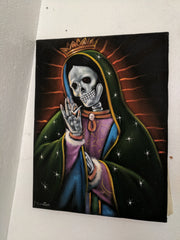 Virgin of Guadalupe  Calavera Skull smoking weed, Mexican Religious art Original Oil Painting Black Velvet SA178