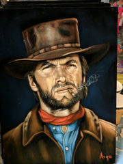 Clint Eastwood Portrait from "good bad ugly" movie Original Oil Painting on Black Velvet by Alfredo Rodriguez "ARGO" - #A327