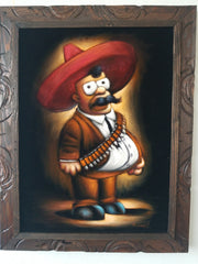 Mexican Homer Simpson Zapata Sombrero Oil Painting on Black Velvet  by: Palomares   # pm56