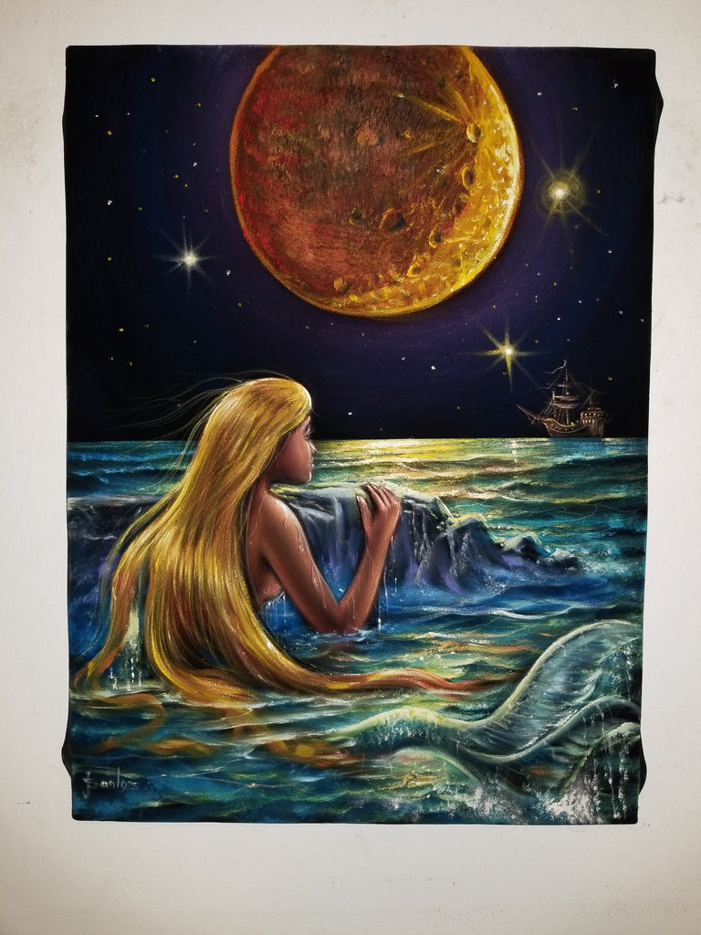 Little Mermaid, Ariel; Original Oil painting on Black Velvet by Santos Llamas- #SA228